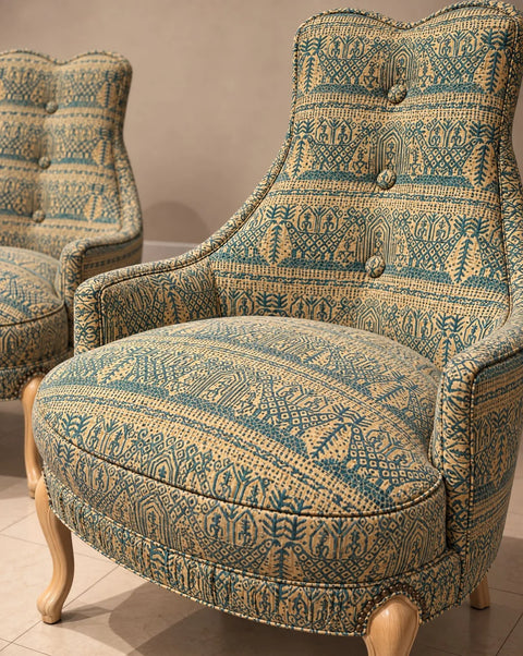Vintage 1970s Batik Upholstered Armchairs – Pair