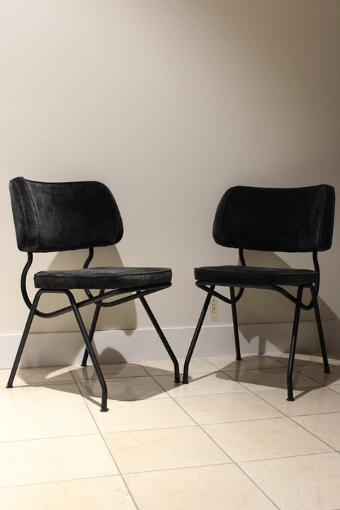 Vintage Postmodern Black Velvet Dining Chairs | Sculptural Metal Frame Side Chairs