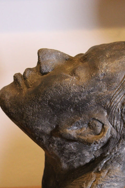 Close-up of the cement bust's facial profile, ear, textured hair, and mottled finish