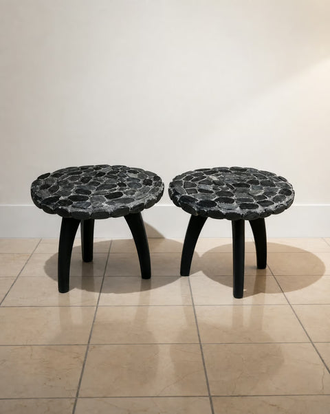 Hand tiled Black Stone Side Tables (Pair)