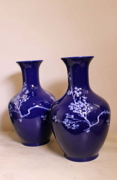 Pair of Vintage Cobalt Blue Prunus Porcelain Vases