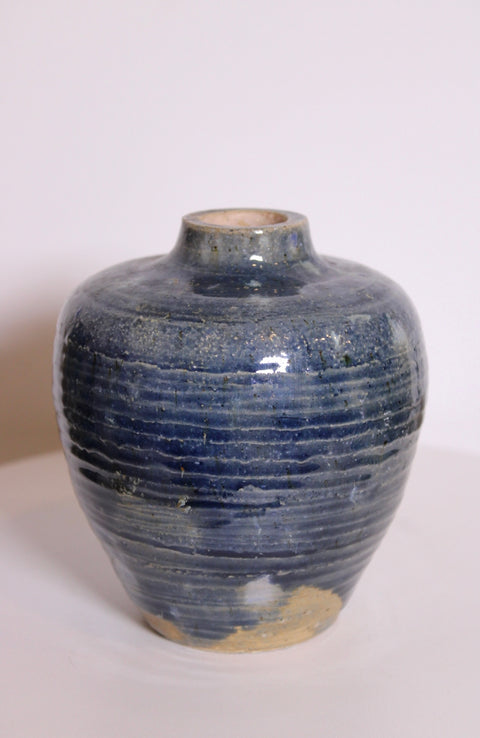 Ribbed Blue Studio Pottery Vase