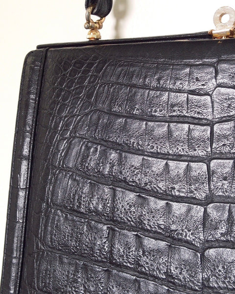Pre Owned Black Genuine Crocodile-Embossed Leather Frame Bag | Wild Croco Embossment | Gold Hardware Kiss-Lock Handbag (VIntage)