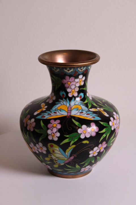 Vintage Chinese Cloisonné Butterfly & Blossom Vase – Black Enamel Ground