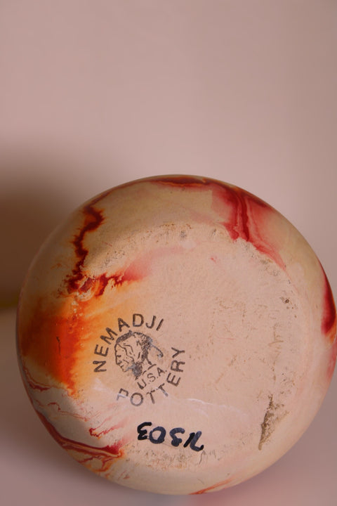 Vintage Nemadji Pottery Squat Vase Orange Black Flame Swirl Marbled Clay