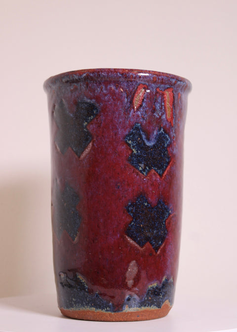 Red Blue Abstract Studio Pottery Cylinder Vase