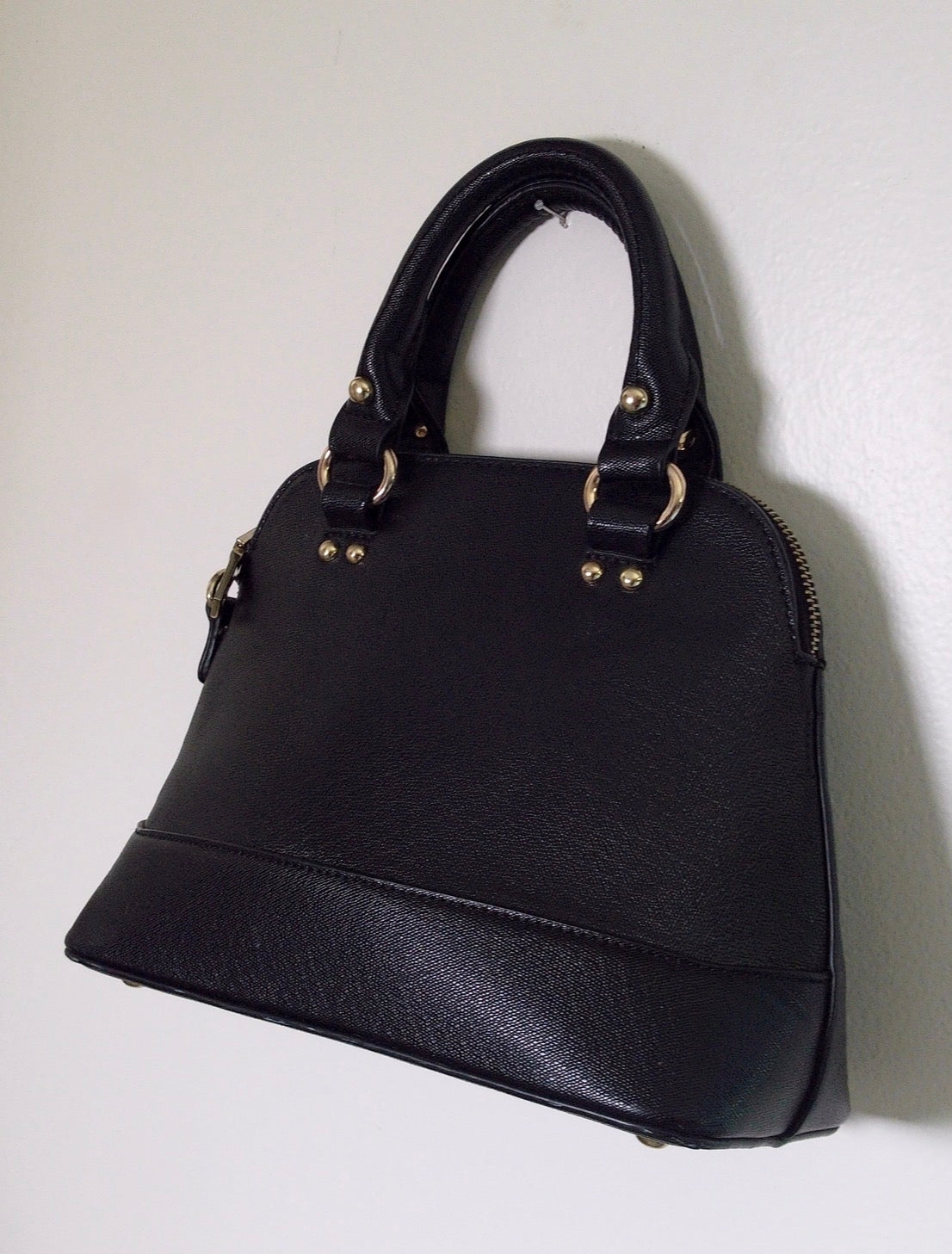 Pre Owned Black Pebbled Leather Dome Satchel | Structured Top Handle Doctor Bag | Gold Hardware Minimal Handbag (Vintage 1980s–90s)
