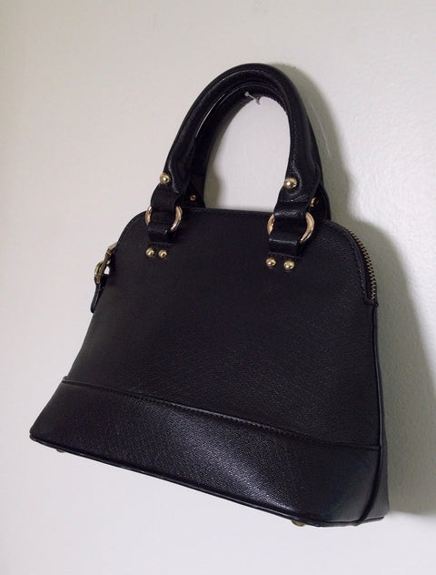 Pre Owned Black Pebbled Leather Dome Satchel | Structured Top Handle Doctor Bag | Gold Hardware Minimal Handbag (Vintage 1980s–90s)