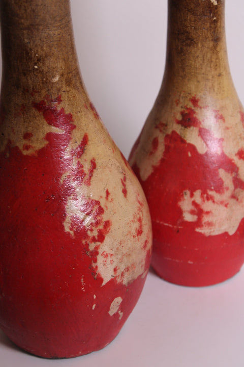 Pair of Primitive Red Wooden Decorative Vases