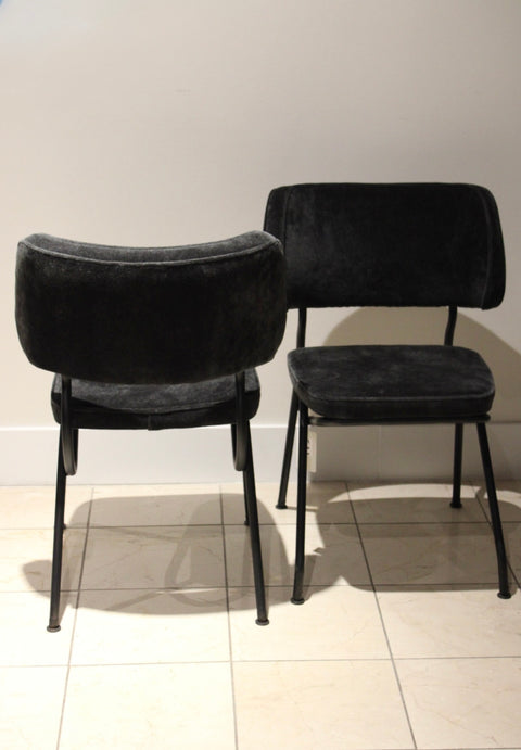 Vintage Postmodern Black Velvet Dining Chairs | Sculptural Metal Frame Side Chairs