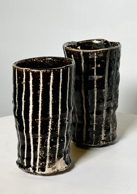Pair of Black/White Striped Studio Pottery Cups