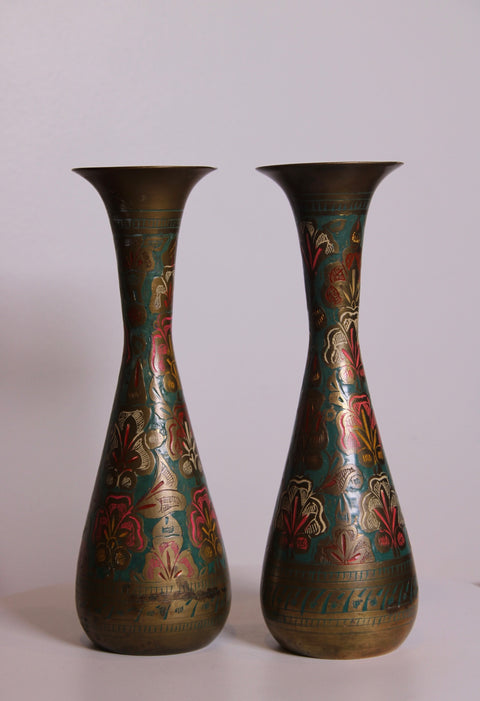 Pair of Painted Brass Floral Vases