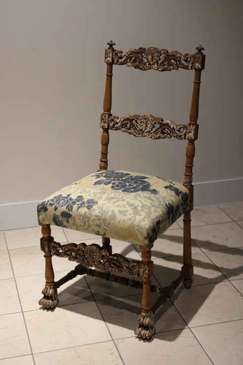 Set of 4 Antique Ornately Carved Floral Upholstered Chair