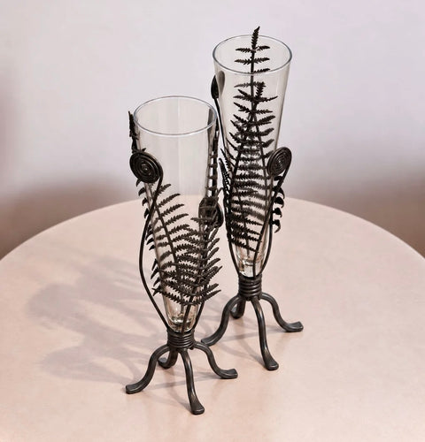 Vintage Fern and Fiddlehead Metal Stand Glass Vases