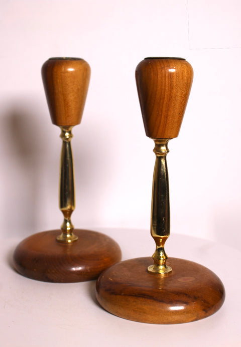 Pair of Myrtle Wood and Brass Candlesticks
