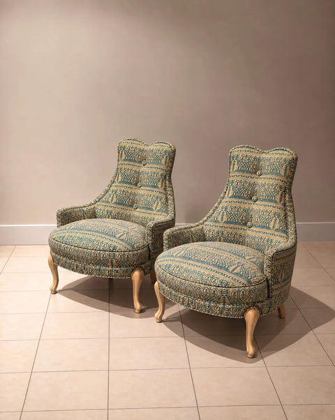 Vintage 1970s Batik Upholstered Armchairs – Pair