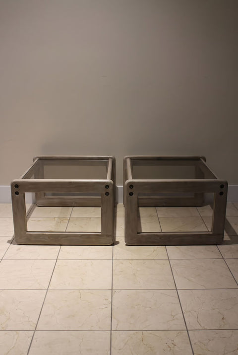 Vintage Modern Glass Top End Tables (Pair) | Sculptural Oak Side Tables