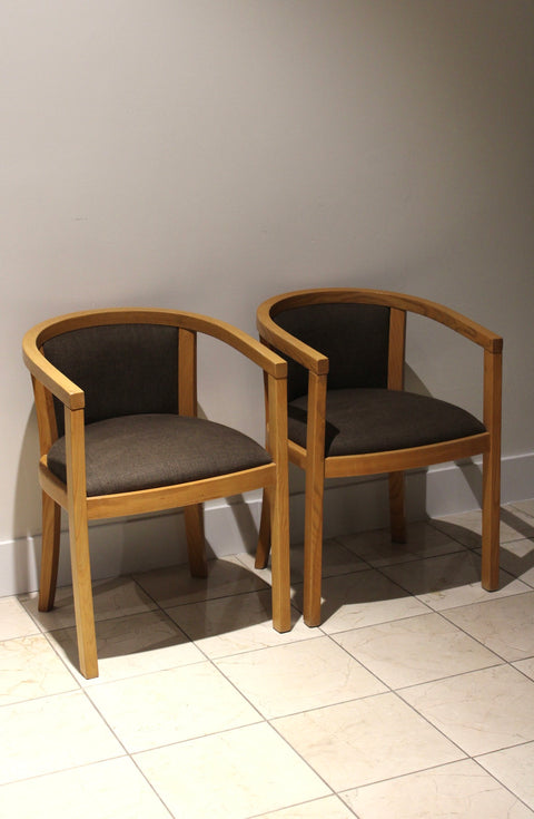 Vintage Danish Modern Oak Barrel Back Chairs | Scandinavian Lounge Armchairs Pair