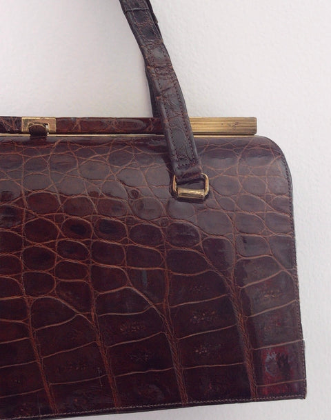 Pre Owned Black/Brown Crocodile-Embossed Leather Frame Handbag | Gold Kiss-Lock Clasp | Italy Top Handle Bag (Vintage 1970s–80s)