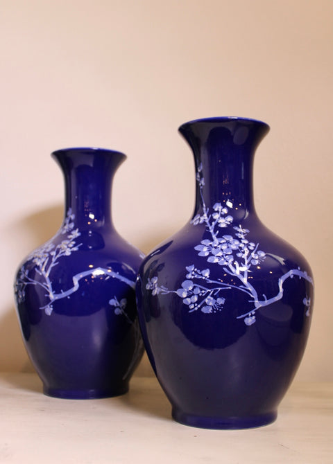 Pair of Vintage Cobalt Blue Prunus Porcelain Vases
