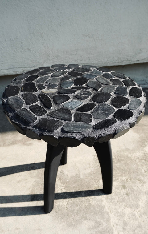 Hand tiled Black Stone Side Tables (Pair)