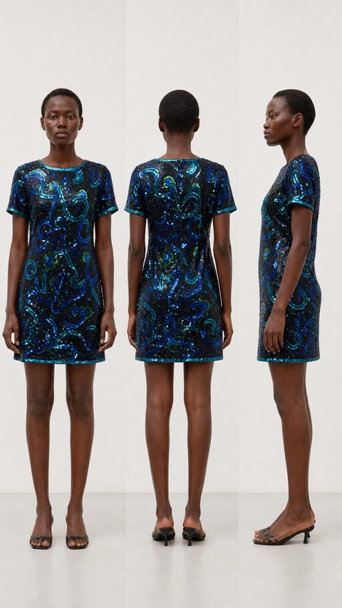 Vintage Stenay Blue Beaded Sequin Shift Dress