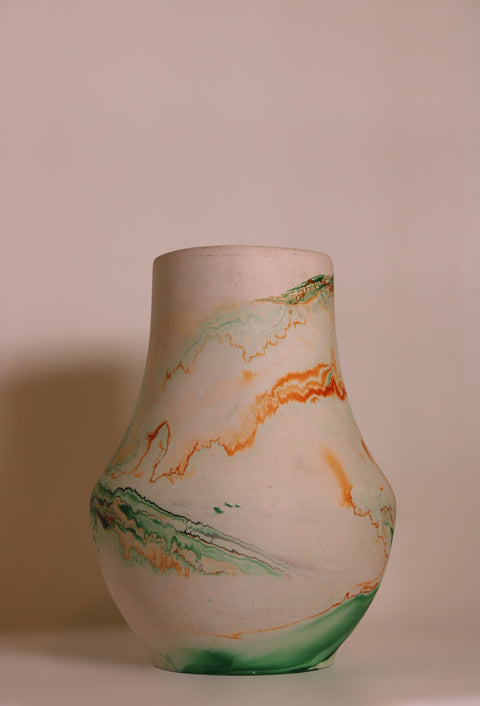 Vintage Nemadji Pottery Tall Bottle Vase Green Marble Swirl Clay
