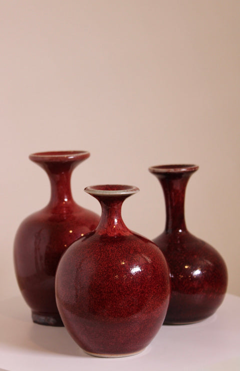 Set of Three Oxblood Red Studio Pottery Bud Vases
