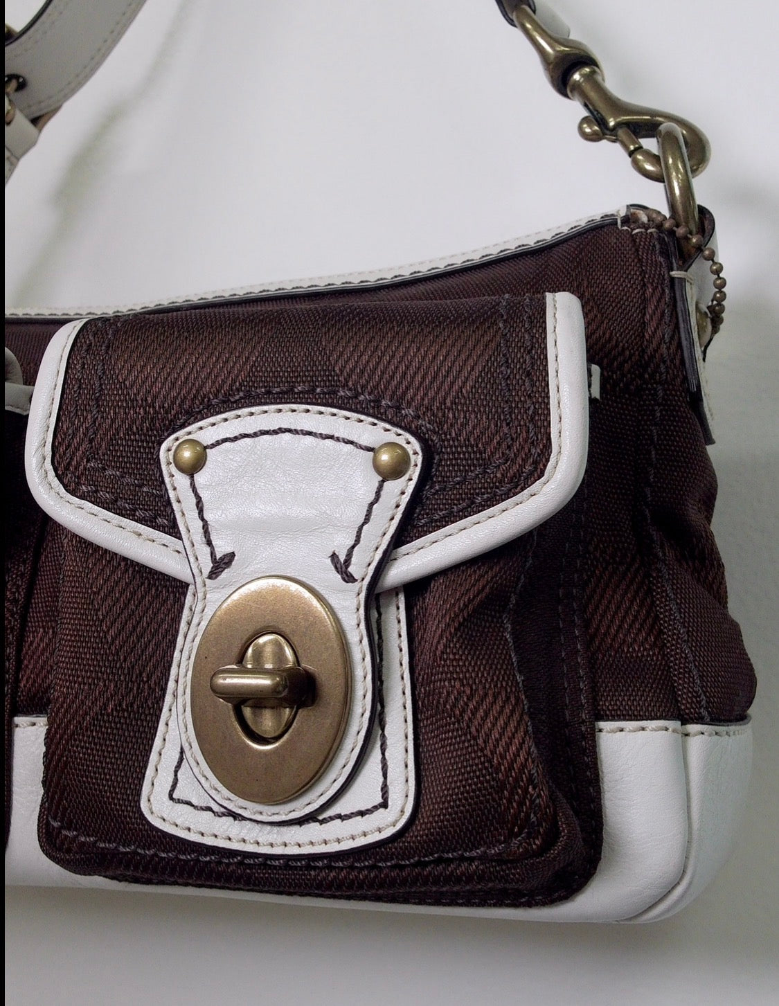 Pre Owned Coach Legacy Signature 2008 Shoulder Bag F13102 | Chocolate Brown & White | Dual Turnlock Pockets (Y2K Vintage)