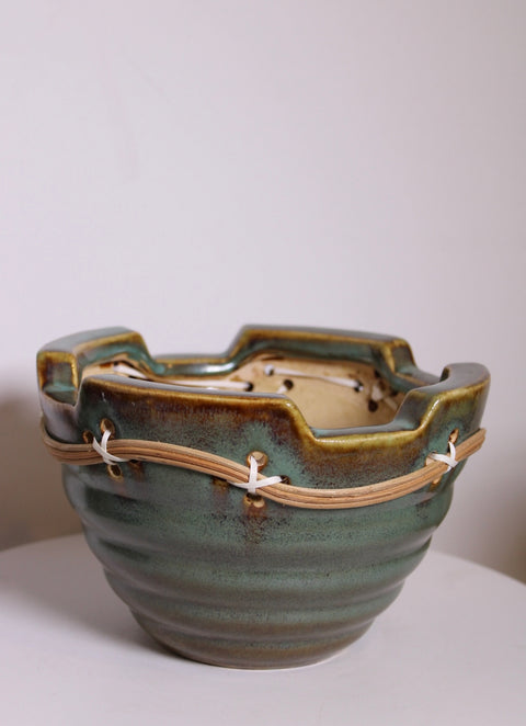 Green Ceramic Bonsai Planter with Rattan Detail