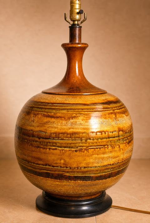 Vintage Monumental Bulbous Ceramic Table Lamp – Mid Century Modern Drip Glaze