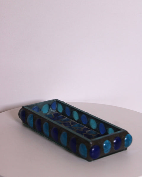 Vintage Handcrafted Blue Mosaic Glass Catchall Tray