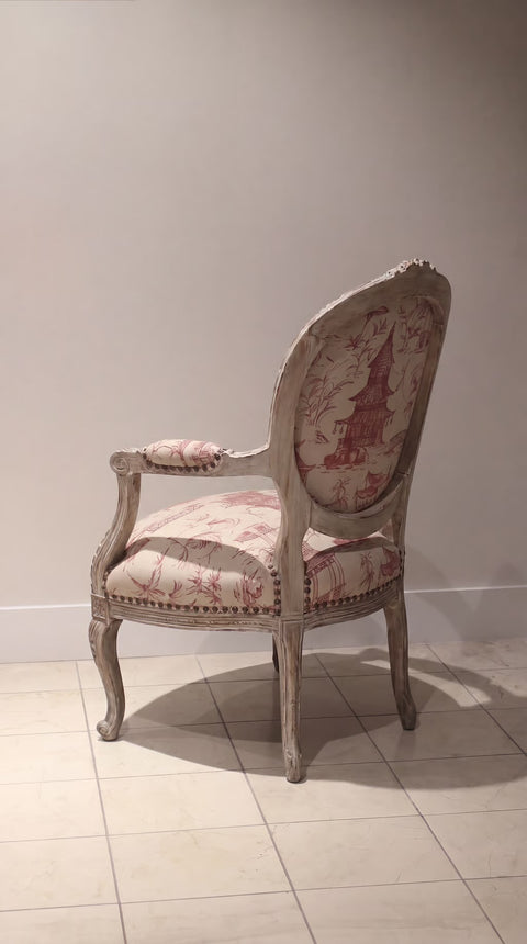 1940s Vintage French Louis XVI Asian Linen Chair