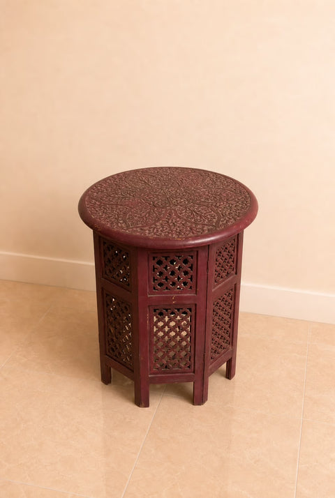 Vintage Hand-Carved Moroccan Round Accent Table | Red Wood Side Table