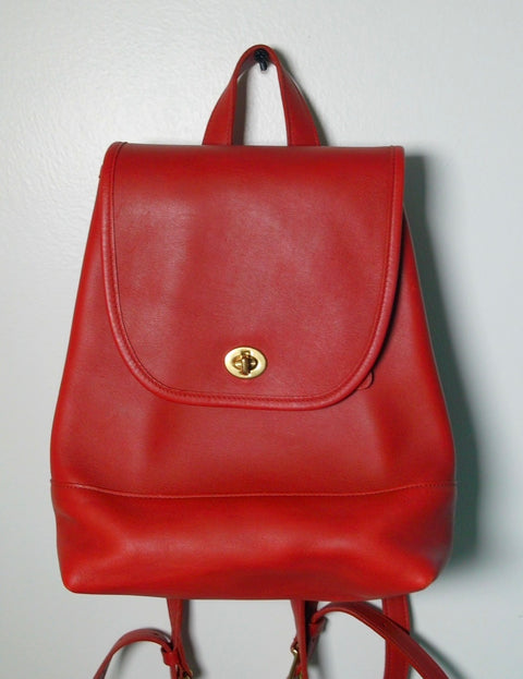 Pre Owned Coach Red Leather Mini Backpack | Gold Turn Lock Closure | Minimal Structured (Vintage)