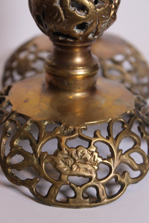 Pair of Floral Engraved Brass Candlesticks