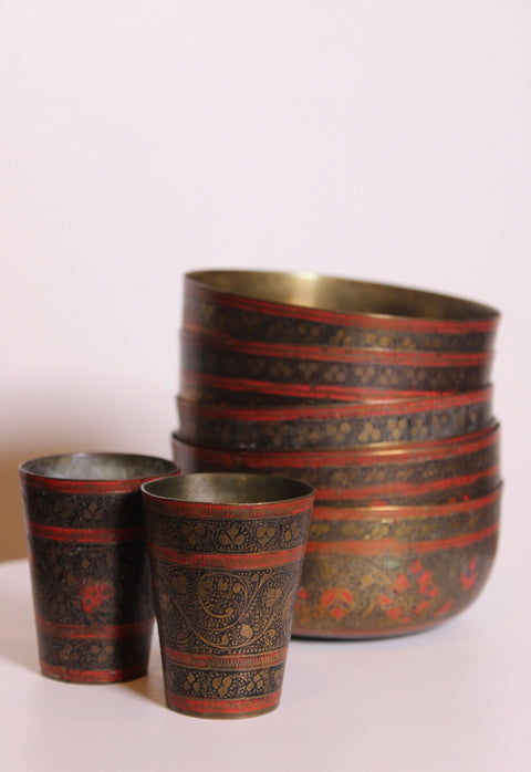 Vintage Brass and Enamel Bowl Set