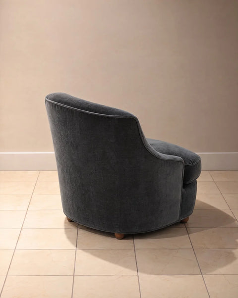 Vintage Charcoal Velvet Button-Tufted Barrel Chairs (Pair)