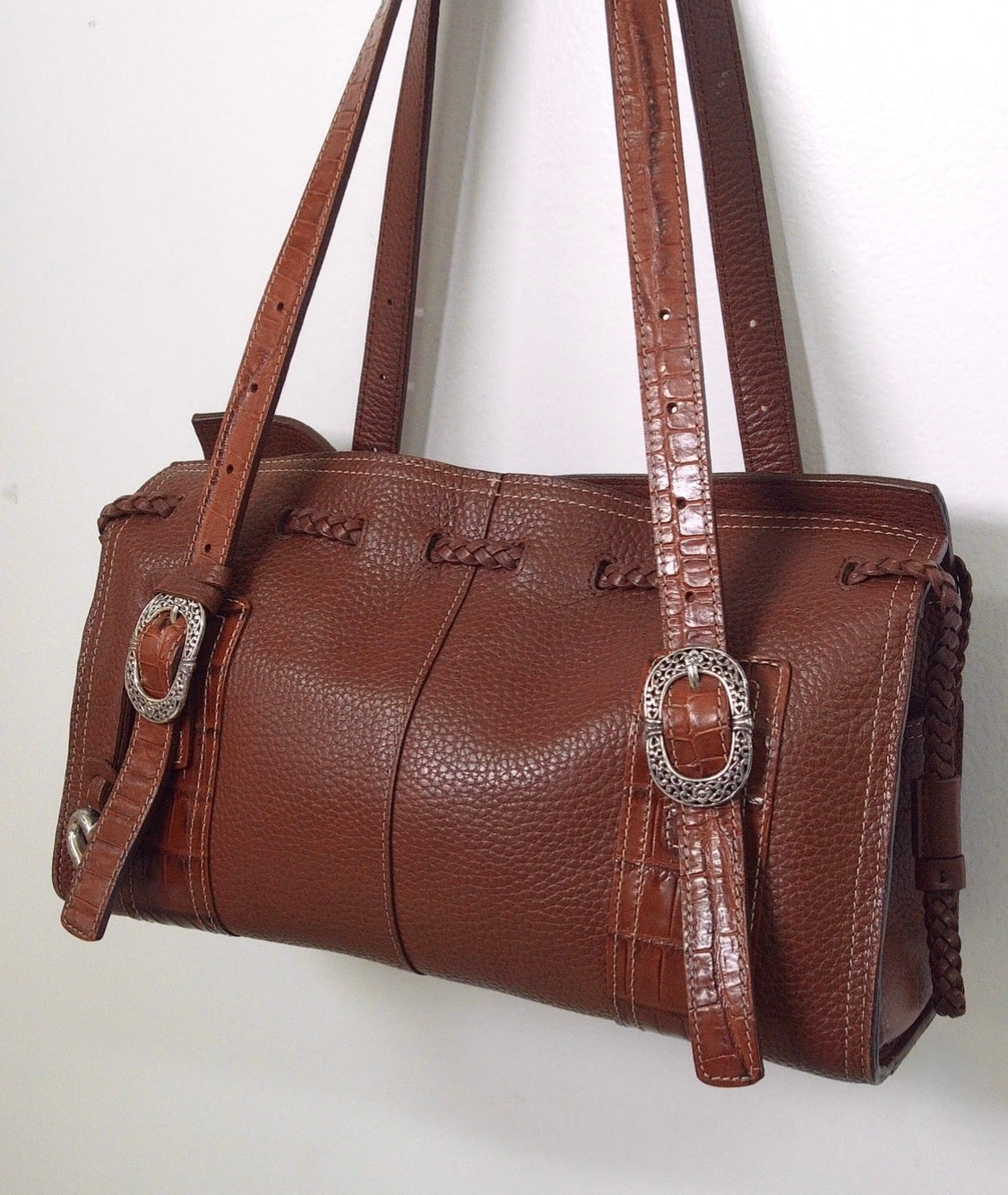 Pre Owned Brighton Brown Pebbled Leather Satchel | Croc Trim | Silver Buckle Hardware | Braided Detail