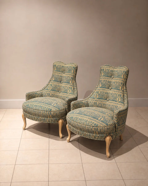 Vintage 1970s Batik Upholstered Armchairs – Pair