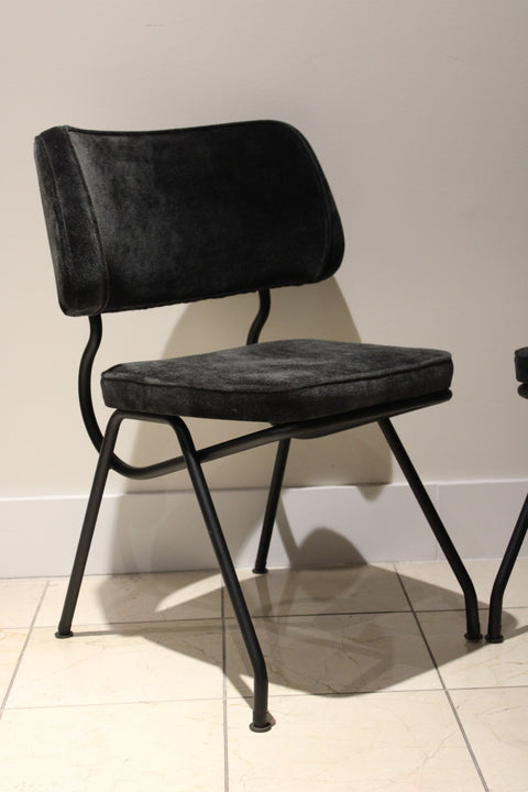 Vintage Postmodern Black Velvet Dining Chairs | Sculptural Metal Frame Side Chairs