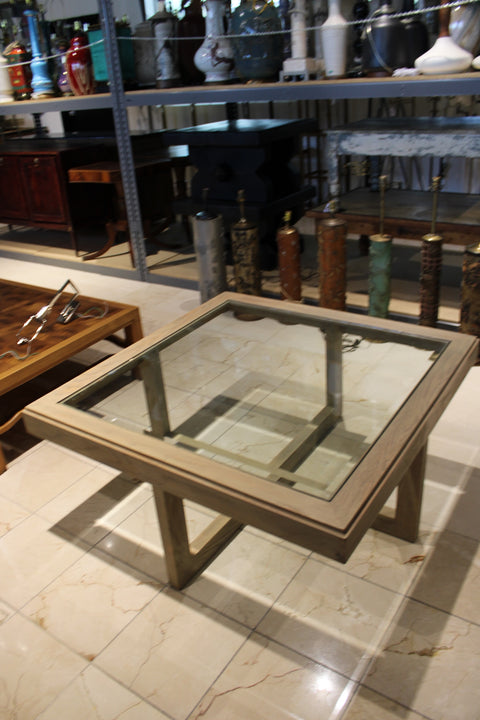 Vintage Square Glass and Wood Coffee Table
