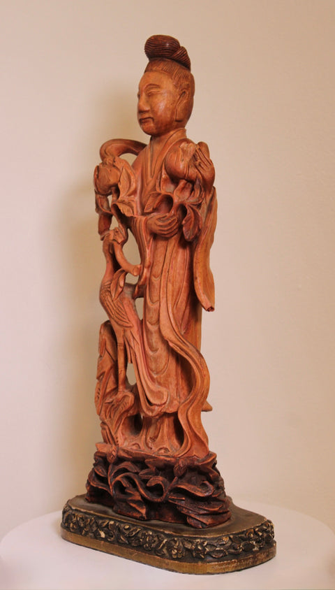 Vintage Carved Wood Immortal Figure Sculpture with Crane and Lotus Base