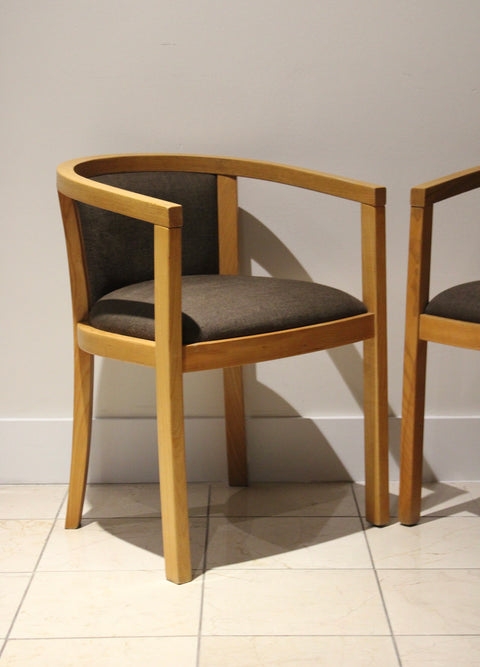 Vintage Danish Modern Oak Barrel Back Chairs | Scandinavian Lounge Armchairs Pair