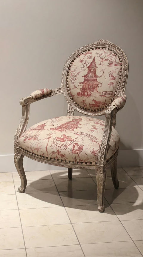 1940s Vintage French Louis XVI Asian Linen Chair