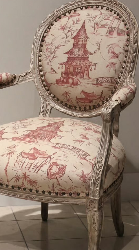 1940s Vintage French Louis XVI Asian Linen Chair