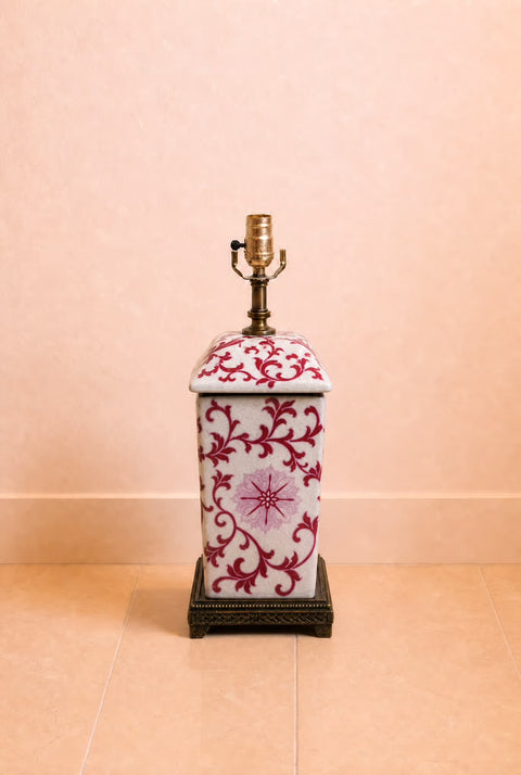 Vintage English Porcelain Covered Jar Table Lamp with Floral Motif
