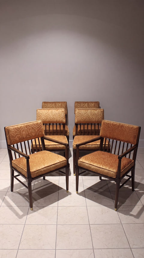 Set of 6 Mid Century Modern Walnut Dining Chairs – Brass Capped Legs & Velvet Upholstery