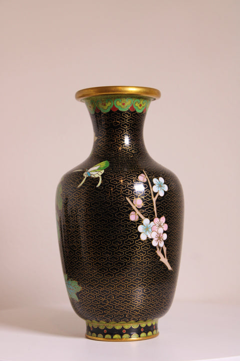 Vintage Chinese Black Cloisonné Chrysanthemum Vase