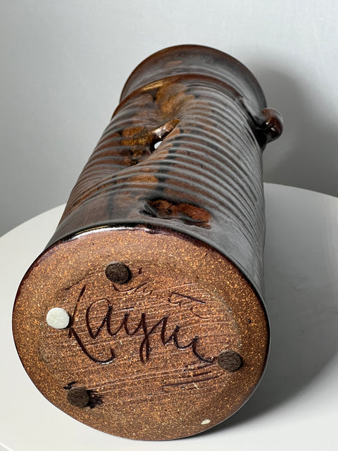 Signed Brown Glazed Clay Vase